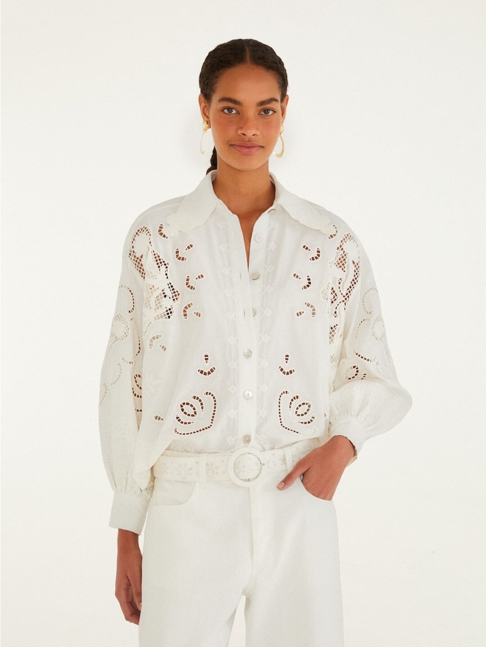 FARM RIO Off-White Embroidered Flowers Richelieu Shirt